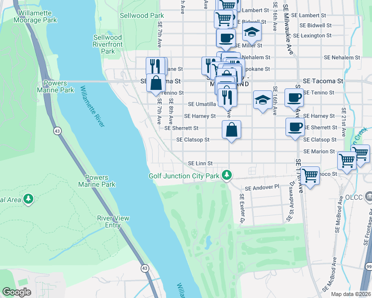 map of restaurants, bars, coffee shops, grocery stores, and more near 909 Southeast Marion Street in Portland