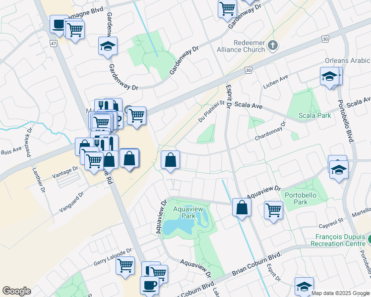 map of restaurants, bars, coffee shops, grocery stores, and more near 551 Chardonnay Drive in Ottawa