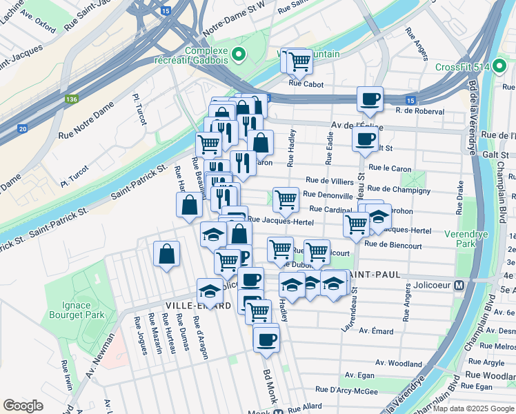 map of restaurants, bars, coffee shops, grocery stores, and more near 2206 Rue Cardinal in Montréal