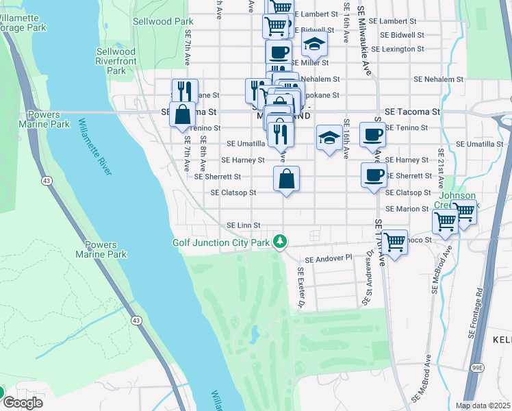 map of restaurants, bars, coffee shops, grocery stores, and more near 8634 Southeast 11th Avenue in Portland