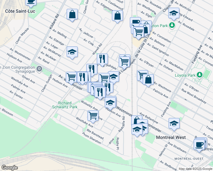 map of restaurants, bars, coffee shops, grocery stores, and more near Avenue Sunnybrooke in Côte Saint-Luc