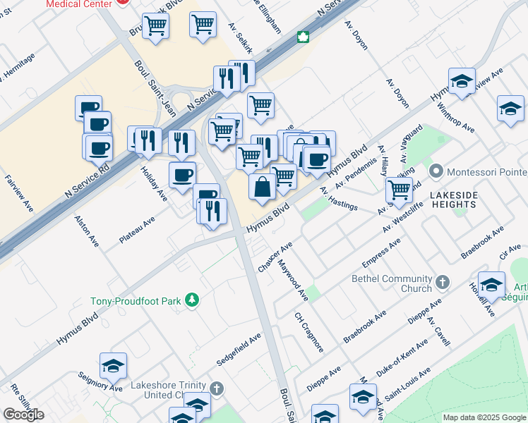 map of restaurants, bars, coffee shops, grocery stores, and more near 195 Boulevard Hymus in Pointe-Claire
