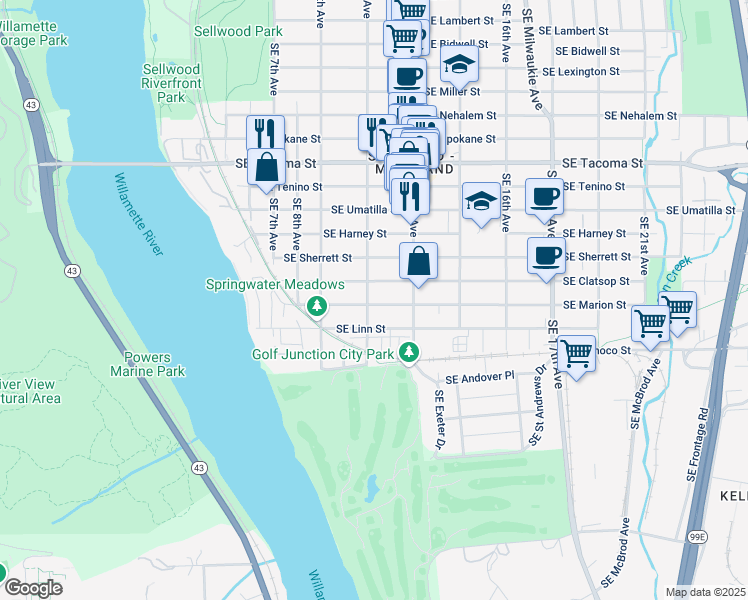 map of restaurants, bars, coffee shops, grocery stores, and more near 8615 Southeast 11th Avenue in Portland