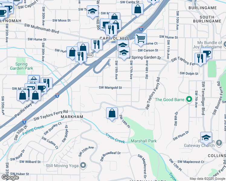 map of restaurants, bars, coffee shops, grocery stores, and more near 2003 Southwest Marigold Street in Portland