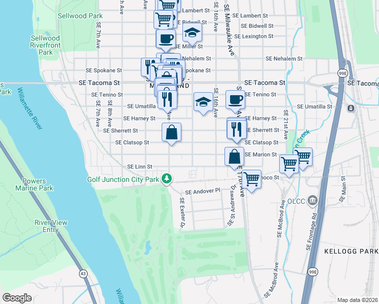 map of restaurants, bars, coffee shops, grocery stores, and more near 8659 Southeast 15th Avenue in Portland