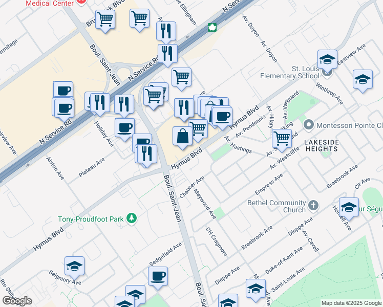 map of restaurants, bars, coffee shops, grocery stores, and more near 195 Boulevard Hymus in Pointe-Claire
