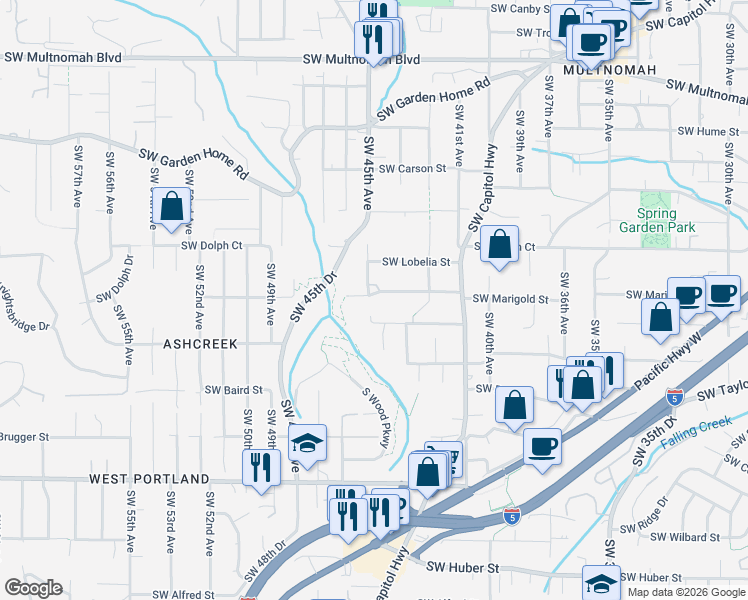 map of restaurants, bars, coffee shops, grocery stores, and more near 4407 Southwest Marigold Street in Portland