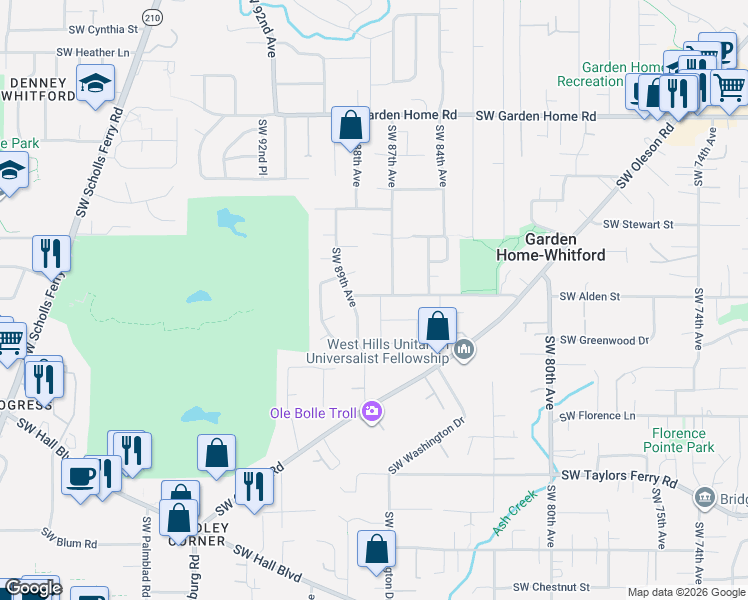 map of restaurants, bars, coffee shops, grocery stores, and more near 8235 Southwest 87th Avenue in Portland