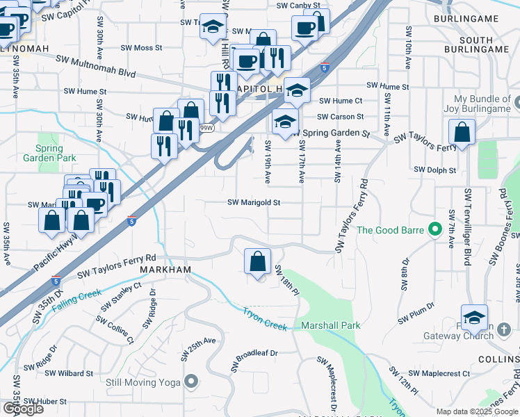 map of restaurants, bars, coffee shops, grocery stores, and more near 2003 Southwest Marigold Street in Portland