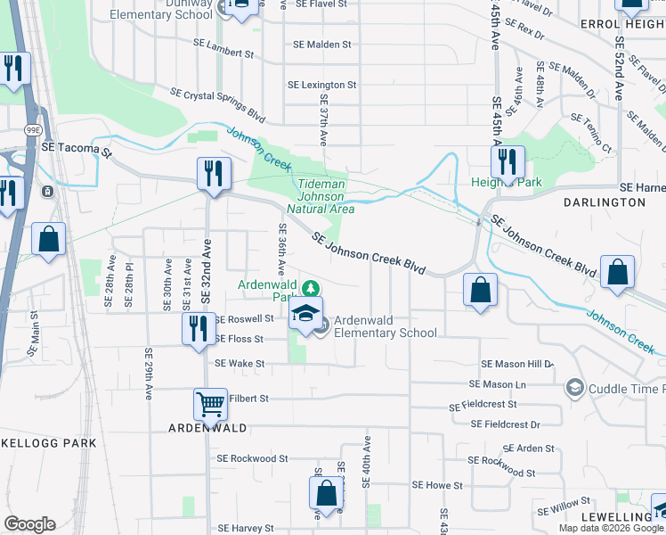 map of restaurants, bars, coffee shops, grocery stores, and more near 3720 Southeast Johnson Creek Boulevard in Portland
