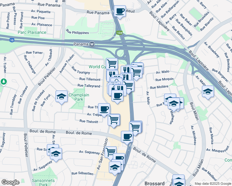 map of restaurants, bars, coffee shops, grocery stores, and more near 7250 Boulevard Taschereau in Brossard