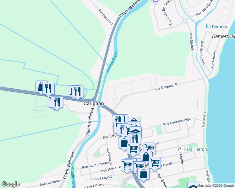 map of restaurants, bars, coffee shops, grocery stores, and more near 253 Rue Joseph Bresse in Chambly