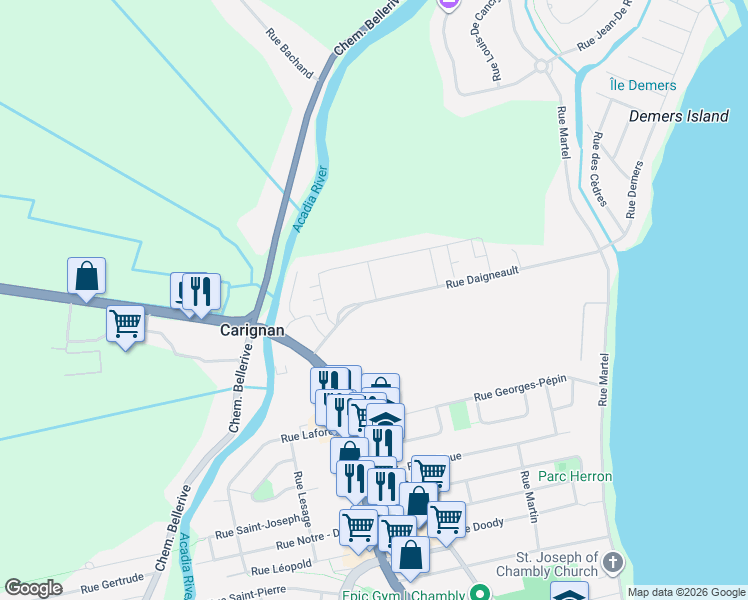 map of restaurants, bars, coffee shops, grocery stores, and more near 202 Rue Daigneault in Chambly