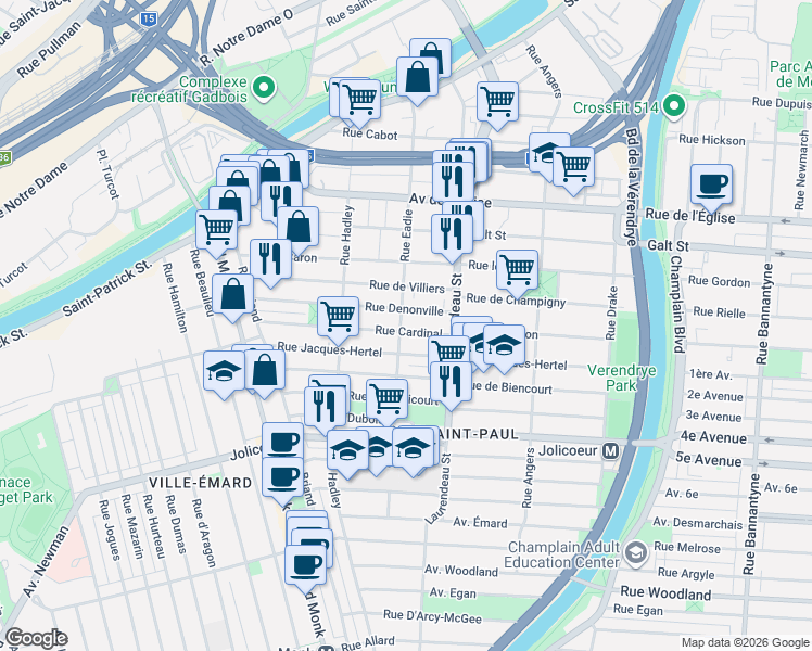 map of restaurants, bars, coffee shops, grocery stores, and more near 5790 Rue Eadie in Montréal