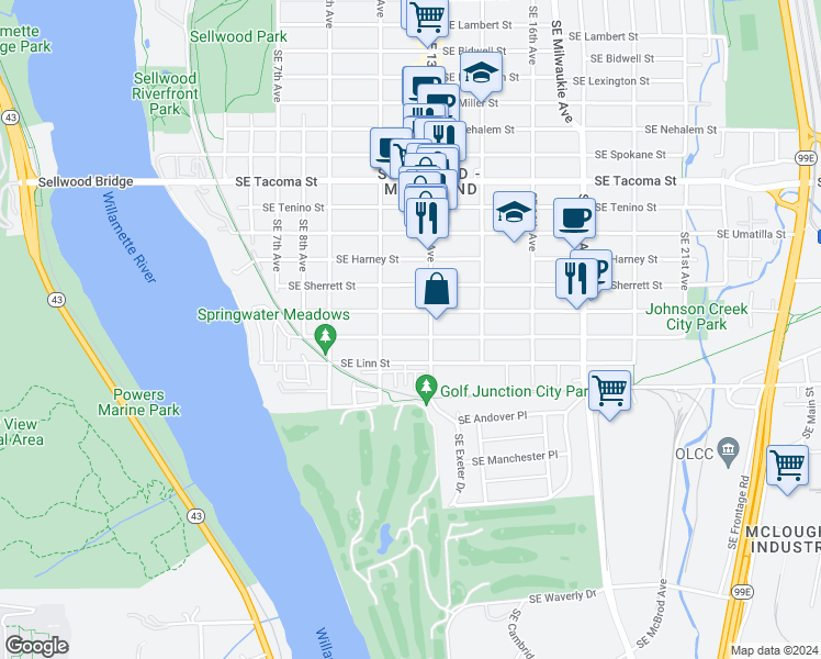 map of restaurants, bars, coffee shops, grocery stores, and more near 1205 Southeast Marion Street in Portland