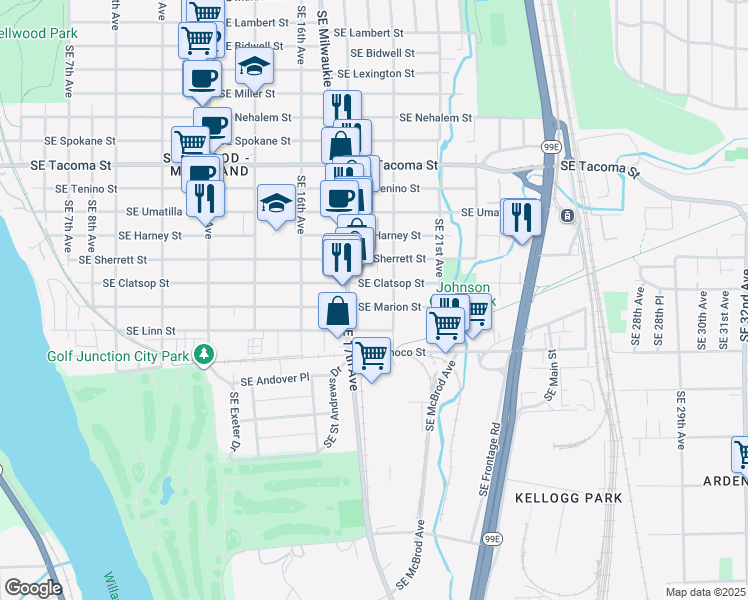 map of restaurants, bars, coffee shops, grocery stores, and more near 1805 Southeast Marion Street in Portland