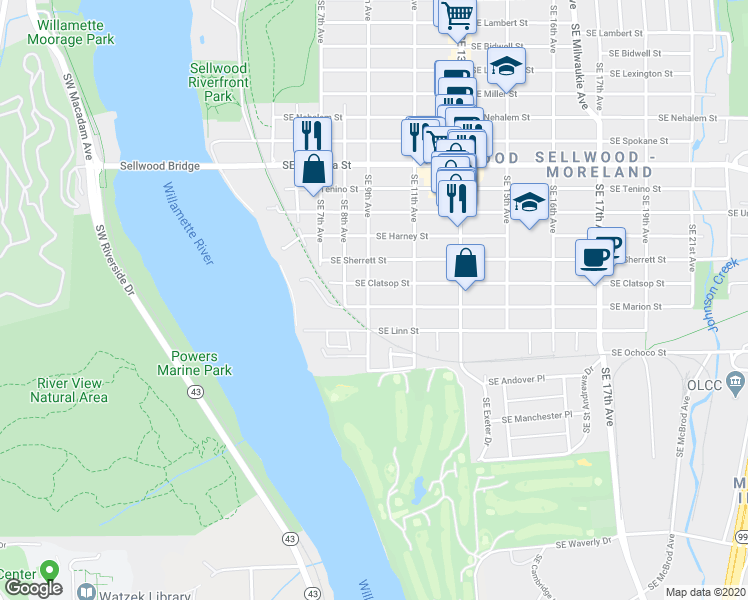 map of restaurants, bars, coffee shops, grocery stores, and more near 8632 Southeast 9th Avenue in Portland