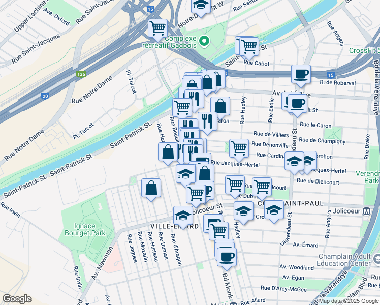 map of restaurants, bars, coffee shops, grocery stores, and more near 5809 Boulevard Monk in Montréal
