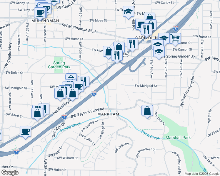 map of restaurants, bars, coffee shops, grocery stores, and more near 8940 Southwest 26th Avenue in Portland