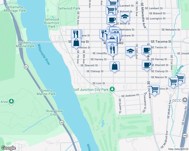 map of restaurants, bars, coffee shops, grocery stores, and more near 916 Southeast Clatsop Street in Portland