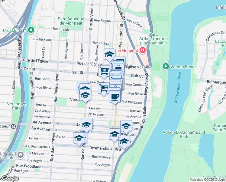 map of restaurants, bars, coffee shops, grocery stores, and more near 275 Rue Rielle in Montréal