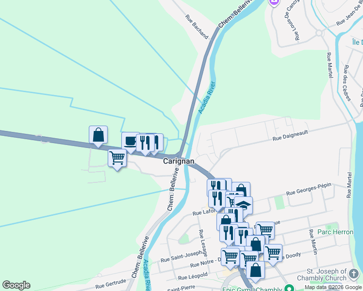 map of restaurants, bars, coffee shops, grocery stores, and more near 2430-2694 Chemin Bellerive in Carignan