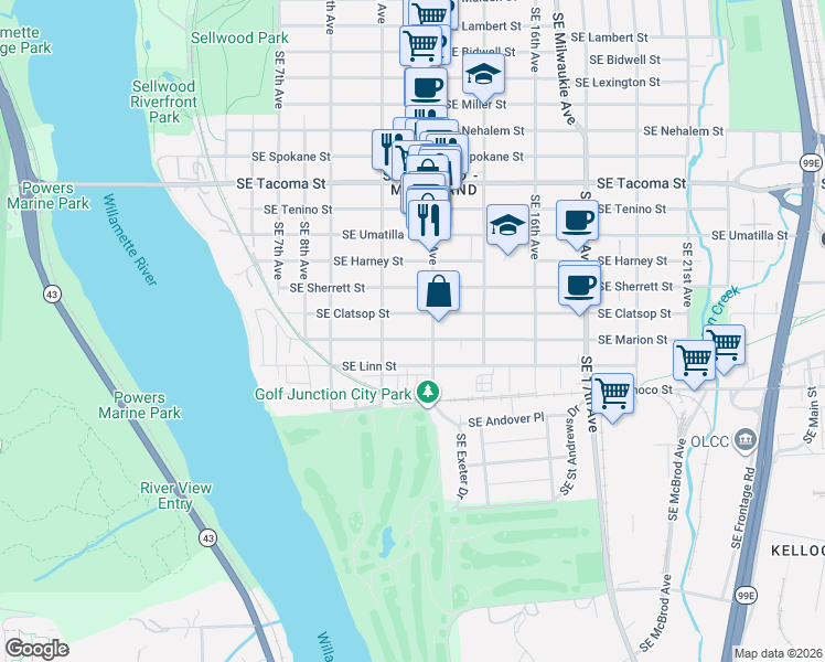 map of restaurants, bars, coffee shops, grocery stores, and more near 1205 Southeast Marion Street in Portland