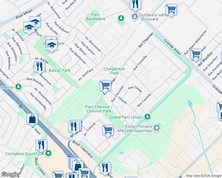 map of restaurants, bars, coffee shops, grocery stores, and more near 6305 Boulevard Chevrier in Brossard