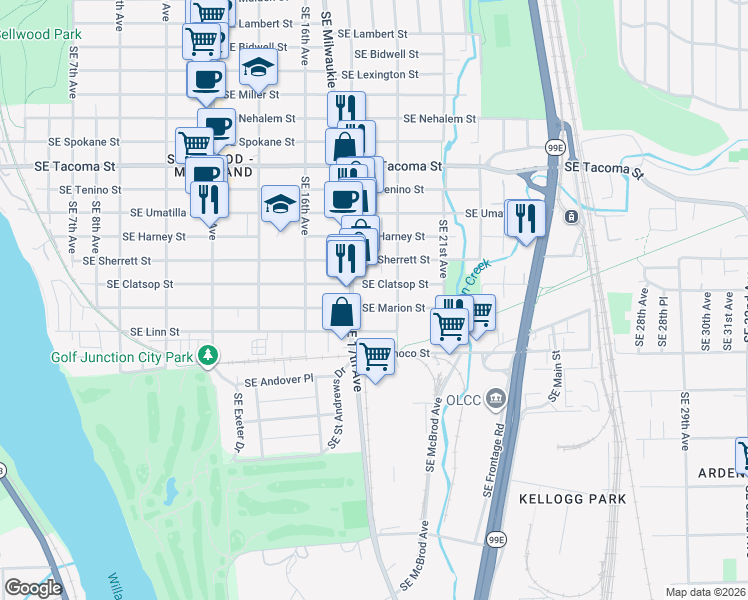 map of restaurants, bars, coffee shops, grocery stores, and more near 1742 Southeast Clatsop Street in Portland