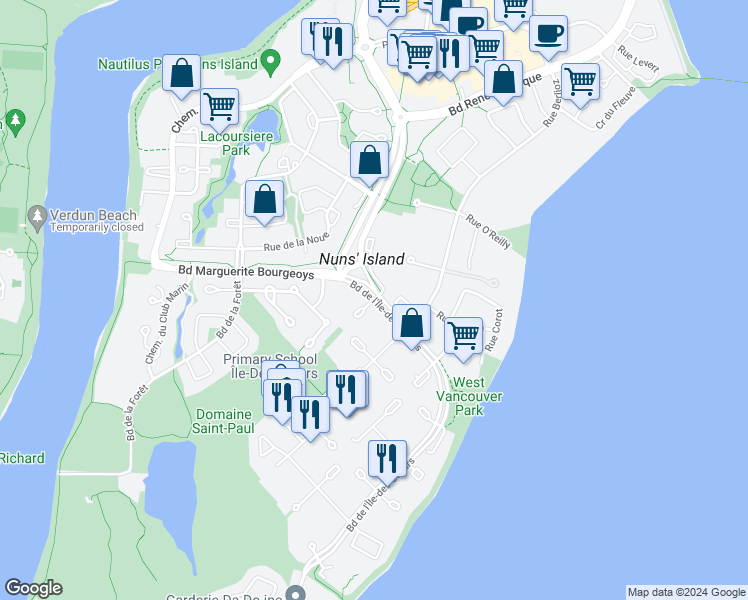 map of restaurants, bars, coffee shops, grocery stores, and more near  in Montreal
