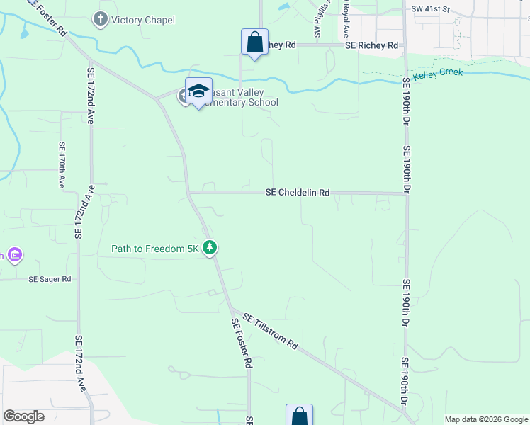 map of restaurants, bars, coffee shops, grocery stores, and more near 18346 Southeast Cheldelin Road in Damascus