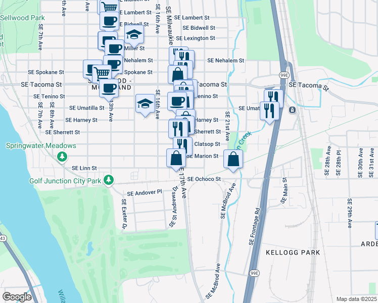 map of restaurants, bars, coffee shops, grocery stores, and more near 1742 Southeast Clatsop Street in Portland