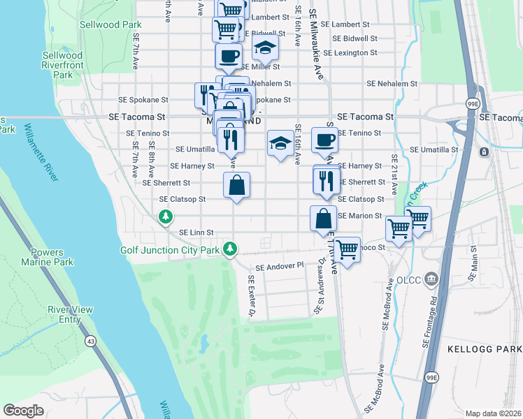 map of restaurants, bars, coffee shops, grocery stores, and more near 1344 Southeast Clatsop Street in Portland