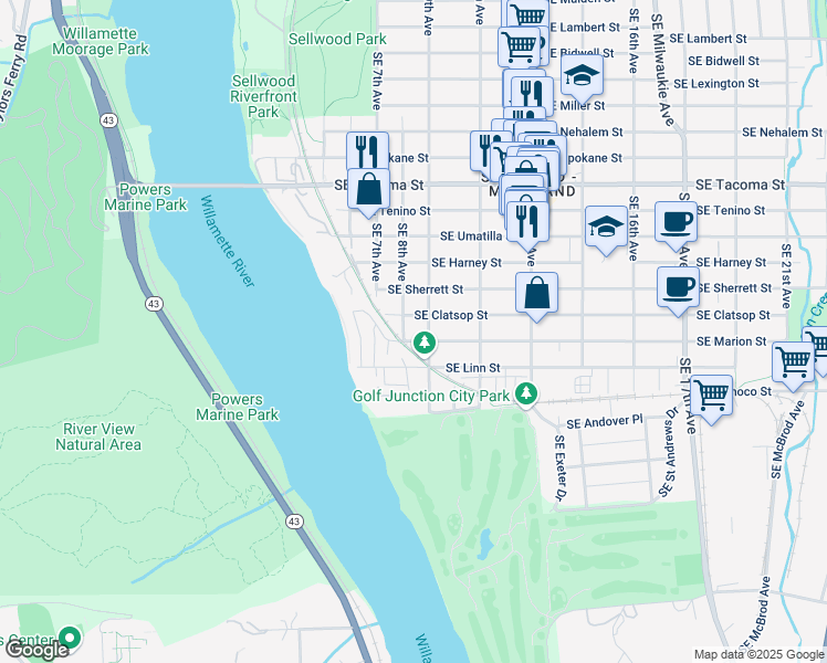 map of restaurants, bars, coffee shops, grocery stores, and more near 8611 Southeast 8th Avenue in Portland