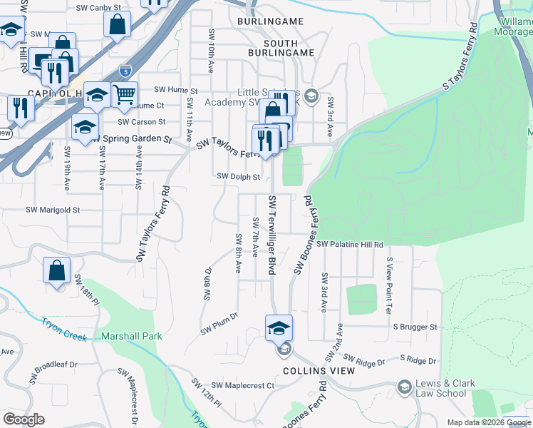 map of restaurants, bars, coffee shops, grocery stores, and more near 8937 Southwest Terwilliger Boulevard in Portland