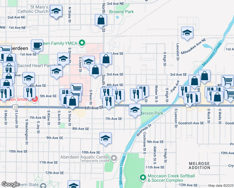 map of restaurants, bars, coffee shops, grocery stores, and more near 416 South Jackson Street in Aberdeen