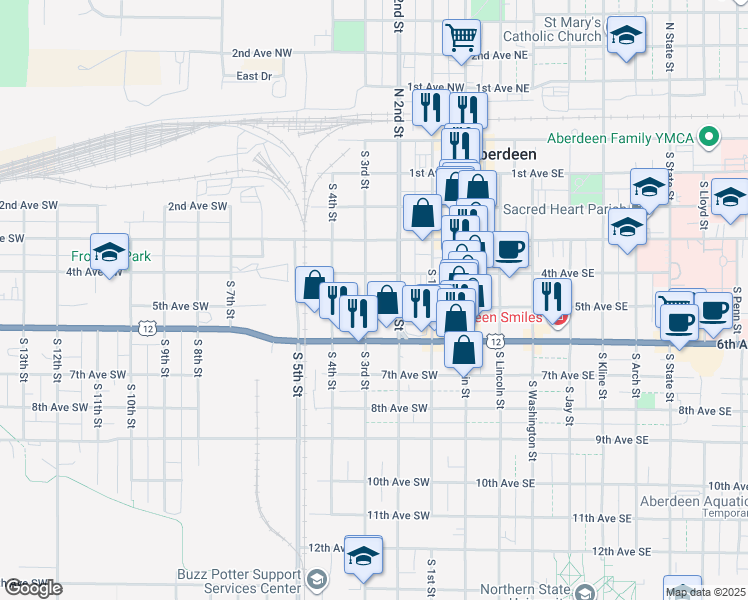 map of restaurants, bars, coffee shops, grocery stores, and more near 404-418 South 2nd Street in Aberdeen