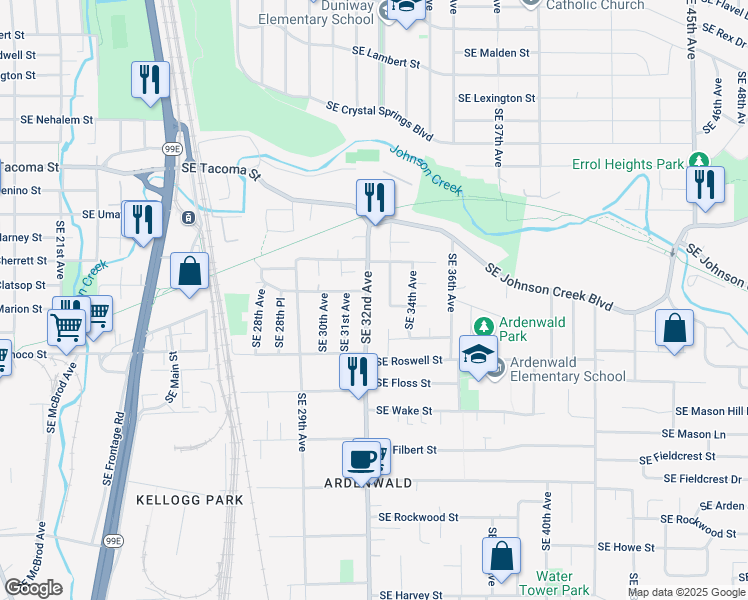 map of restaurants, bars, coffee shops, grocery stores, and more near 8610 Southeast 32nd Avenue in Milwaukie