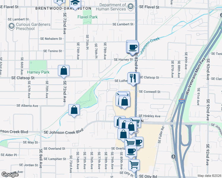 map of restaurants, bars, coffee shops, grocery stores, and more near 7900 Southeast Luther Road in Portland