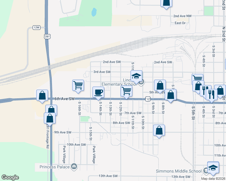 map of restaurants, bars, coffee shops, grocery stores, and more near 421 South 13th Street in Aberdeen