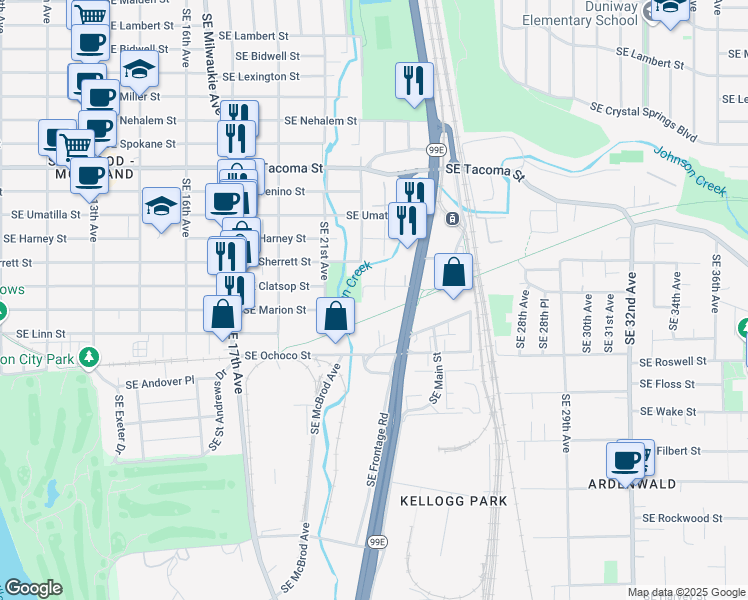 map of restaurants, bars, coffee shops, grocery stores, and more near 2330 Southeast Clatsop Street in Portland