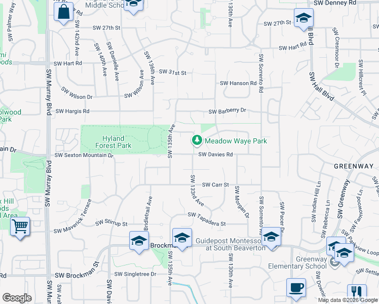 map of restaurants, bars, coffee shops, grocery stores, and more near 13335 Southwest Davies Road in Beaverton