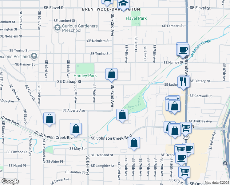map of restaurants, bars, coffee shops, grocery stores, and more near 8680 Southeast 72nd Avenue in Portland