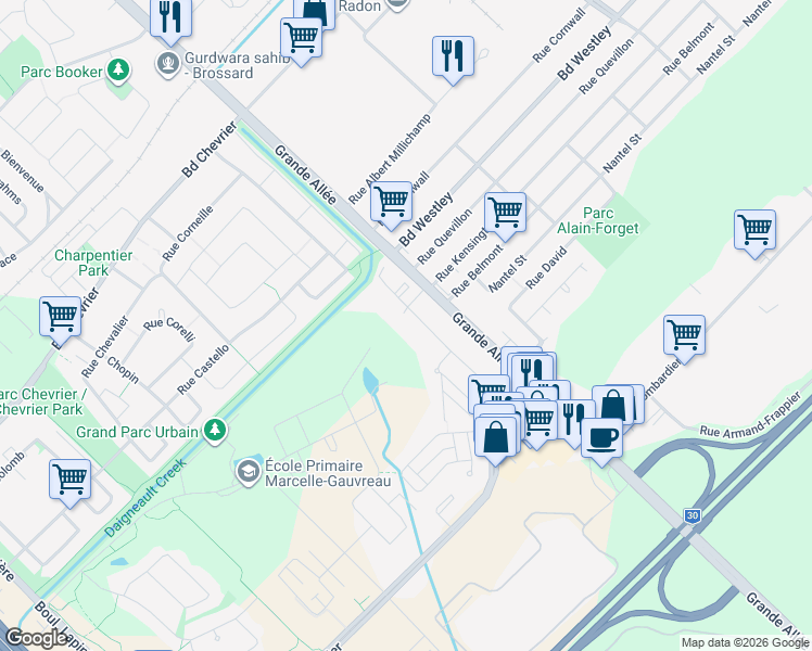 map of restaurants, bars, coffee shops, grocery stores, and more near 5675 Rue du Condor in Brossard