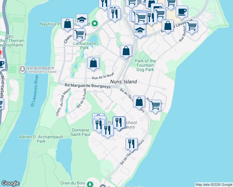 map of restaurants, bars, coffee shops, grocery stores, and more near 246 Rue des Colibris in Verdun