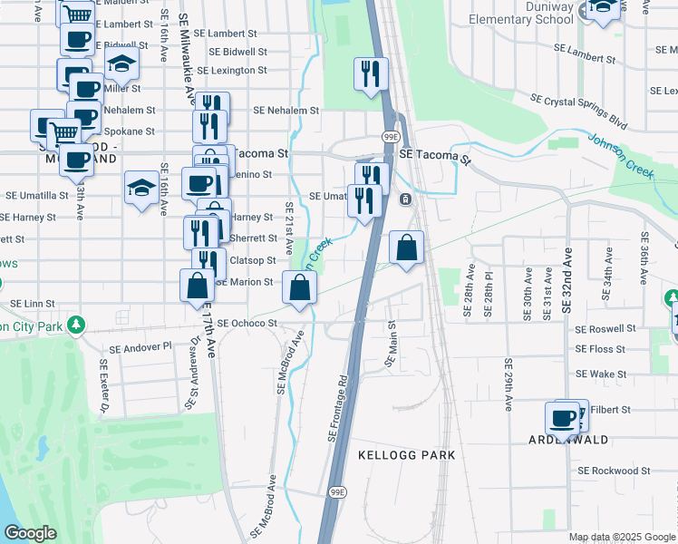 map of restaurants, bars, coffee shops, grocery stores, and more near 2330 Southeast Clatsop Street in Portland