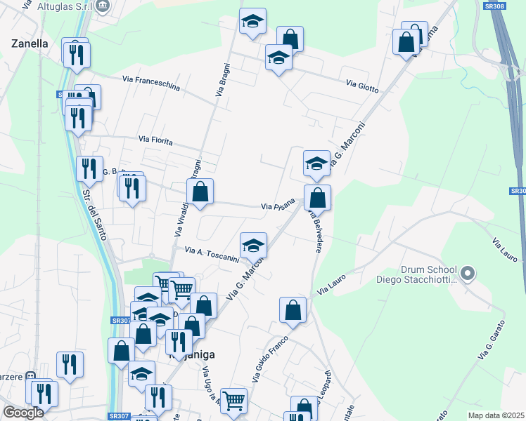 map of restaurants, bars, coffee shops, grocery stores, and more near 2 Via P. Mascagni in Mejaniga