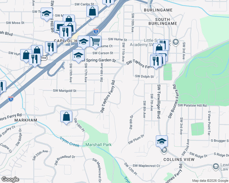 map of restaurants, bars, coffee shops, grocery stores, and more near 1348 Southwest Taylors Ferry Road in Portland