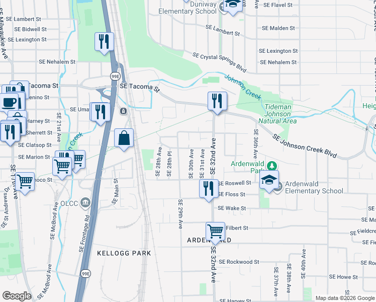 map of restaurants, bars, coffee shops, grocery stores, and more near 2912 Southeast Van Waters Street in Milwaukie