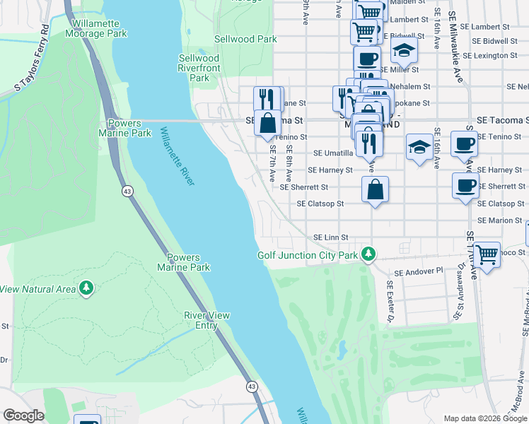 map of restaurants, bars, coffee shops, grocery stores, and more near 600 Southeast Marion Street in Portland